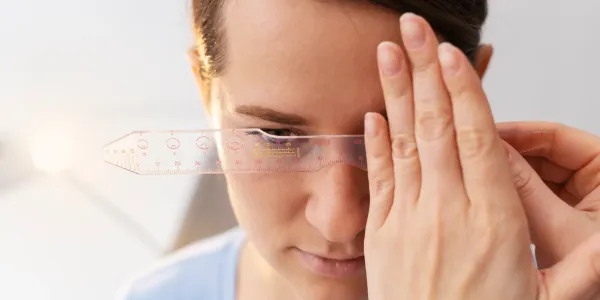 Mulher segurando uma régua no rosto, fazendo uma medição facial para estética, com foco na precisão e cuidado