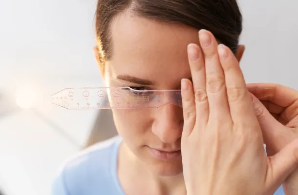 Mulher segurando uma régua no rosto, fazendo uma medição facial para estética, com foco na precisão e cuidado